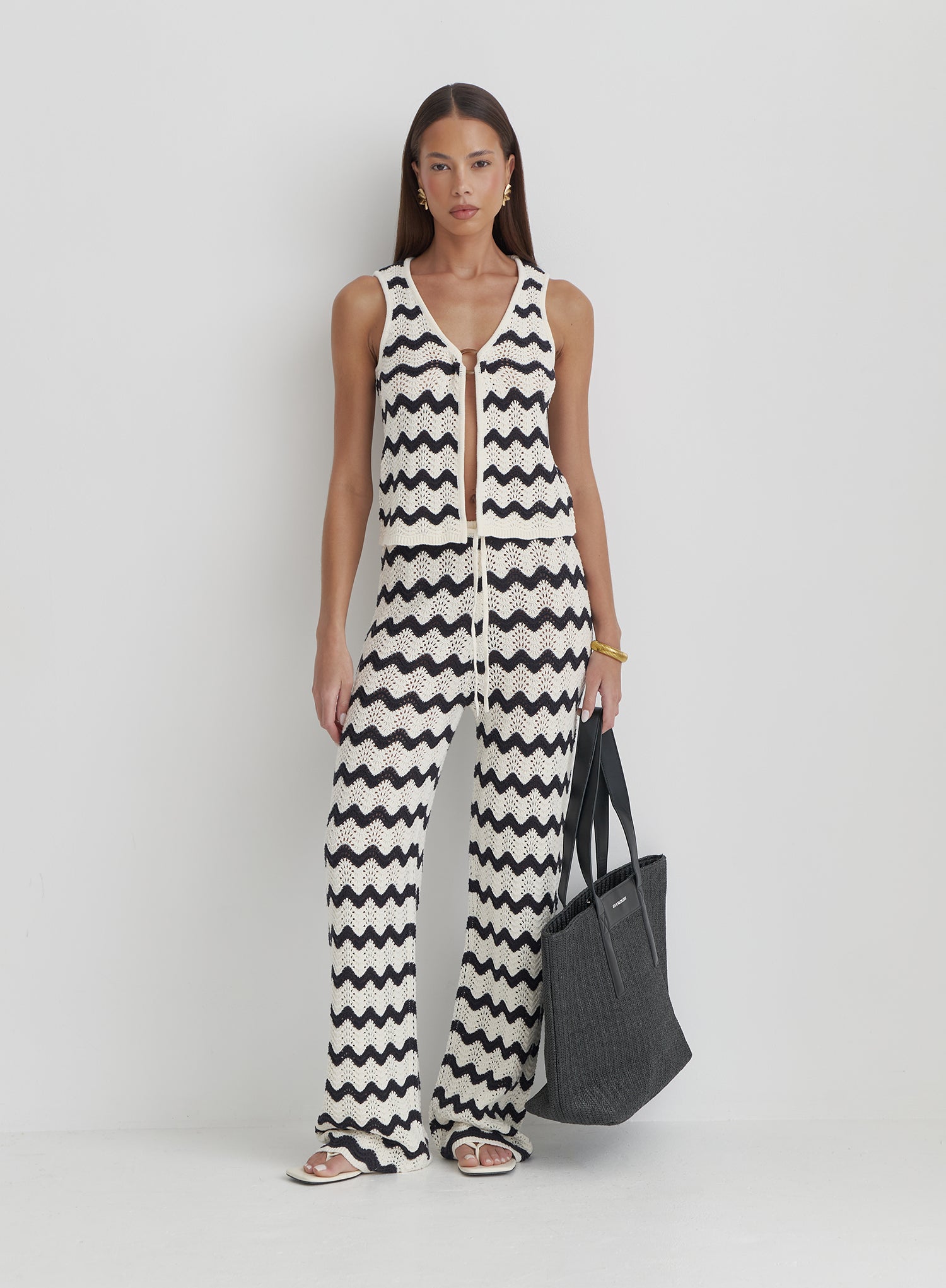 Navy And Cream Wave Crochet Tie Side Top